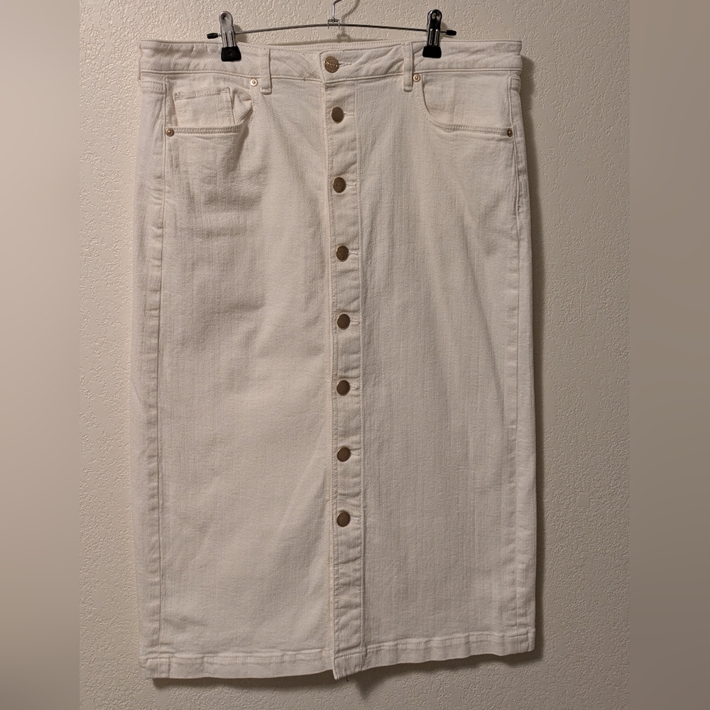 LOFT White Jean Button-Front Midi Skirt